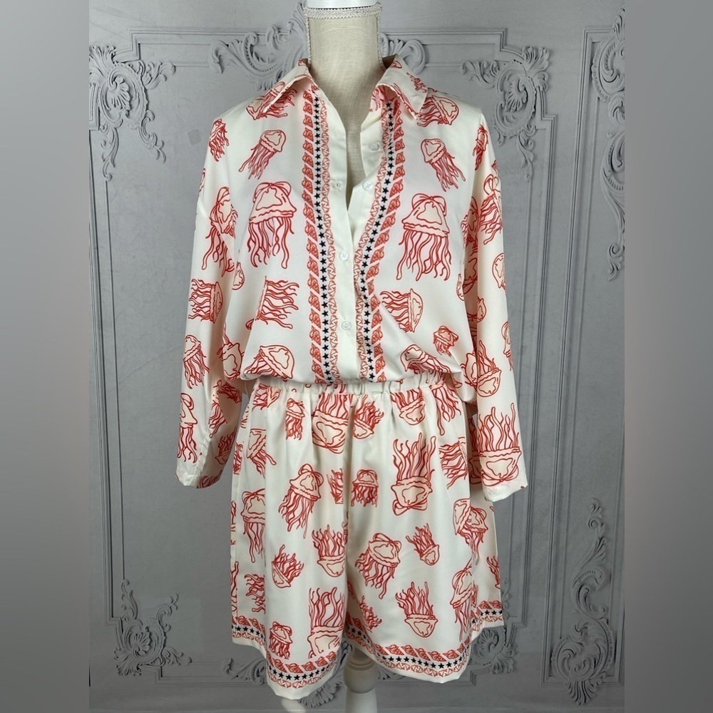 Casual Jellyfish blouse & Shorts Loose Fit Sea Life Print Beach Coverup - Picture 12 of 16